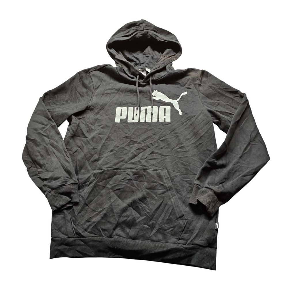 Puma Big Logo Hoodie Mens Small Black Essentials Fleece Pullover Sweatshirt
